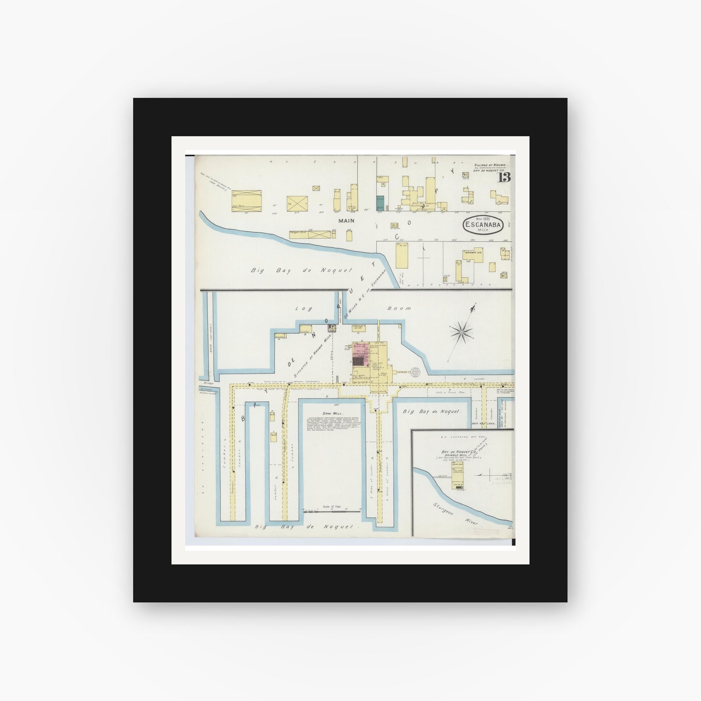 Old map wall art mockup — black gallery frame with white mat — Sanborn Fire Insurance Map from Escanaba, Delta County, Michigan (1893), Sheet #0013