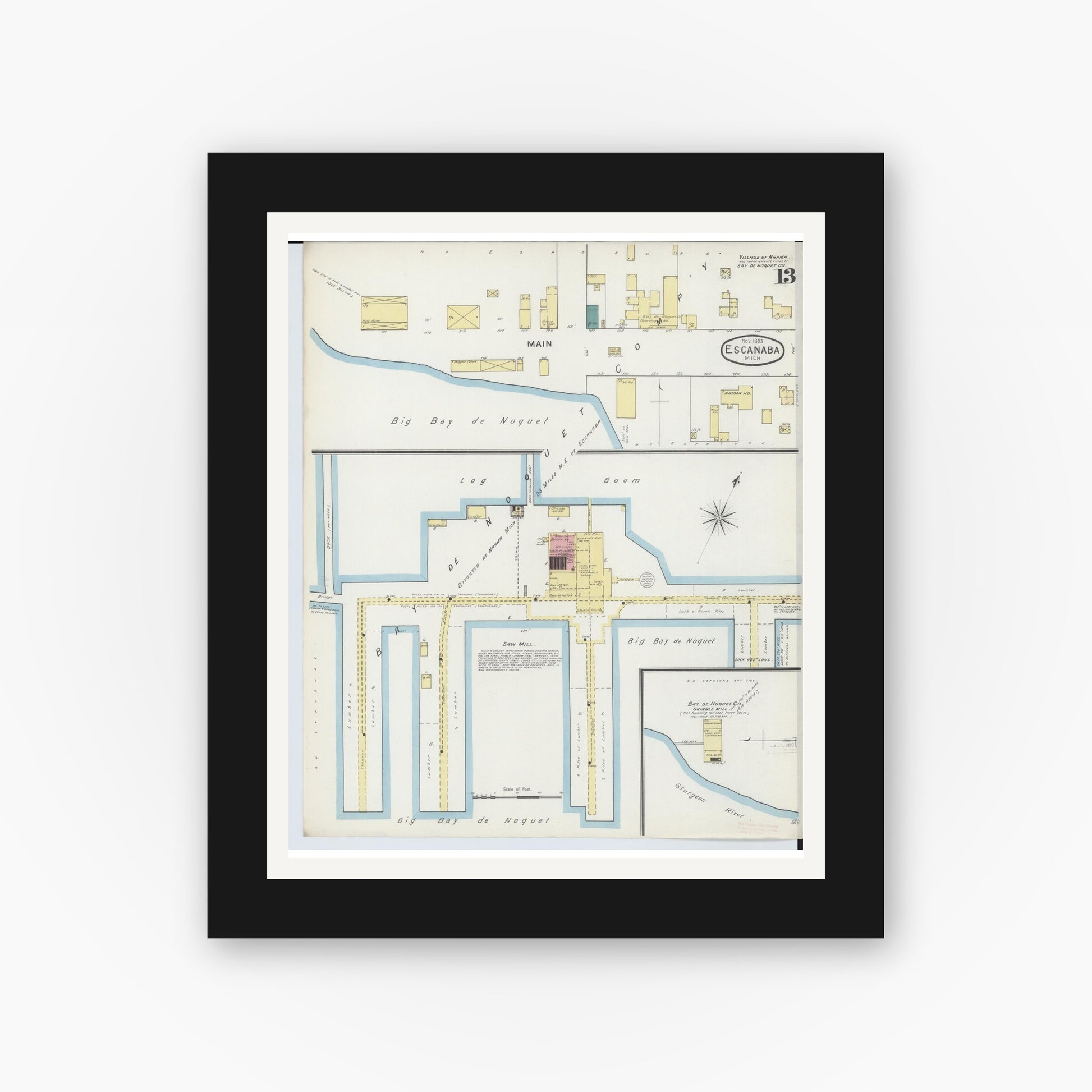 Old map wall art mockup — black gallery frame with white mat — Sanborn Fire Insurance Map from Escanaba, Delta County, Michigan (1893), Sheet #0013