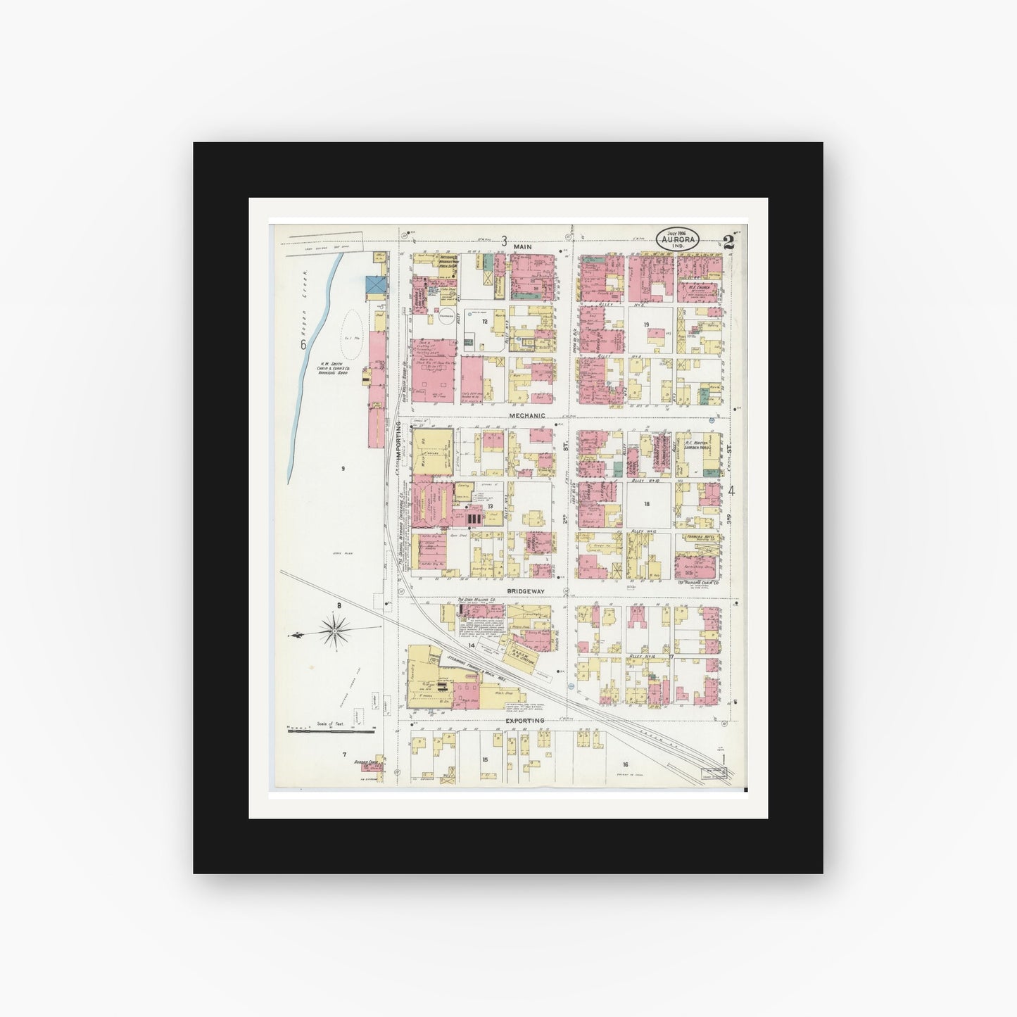 Old map wall art mockup — black gallery frame with white mat — Sanborn Fire Insurance Map from Aurora, Dearborn County, Indiana (1906), Sheet #0002