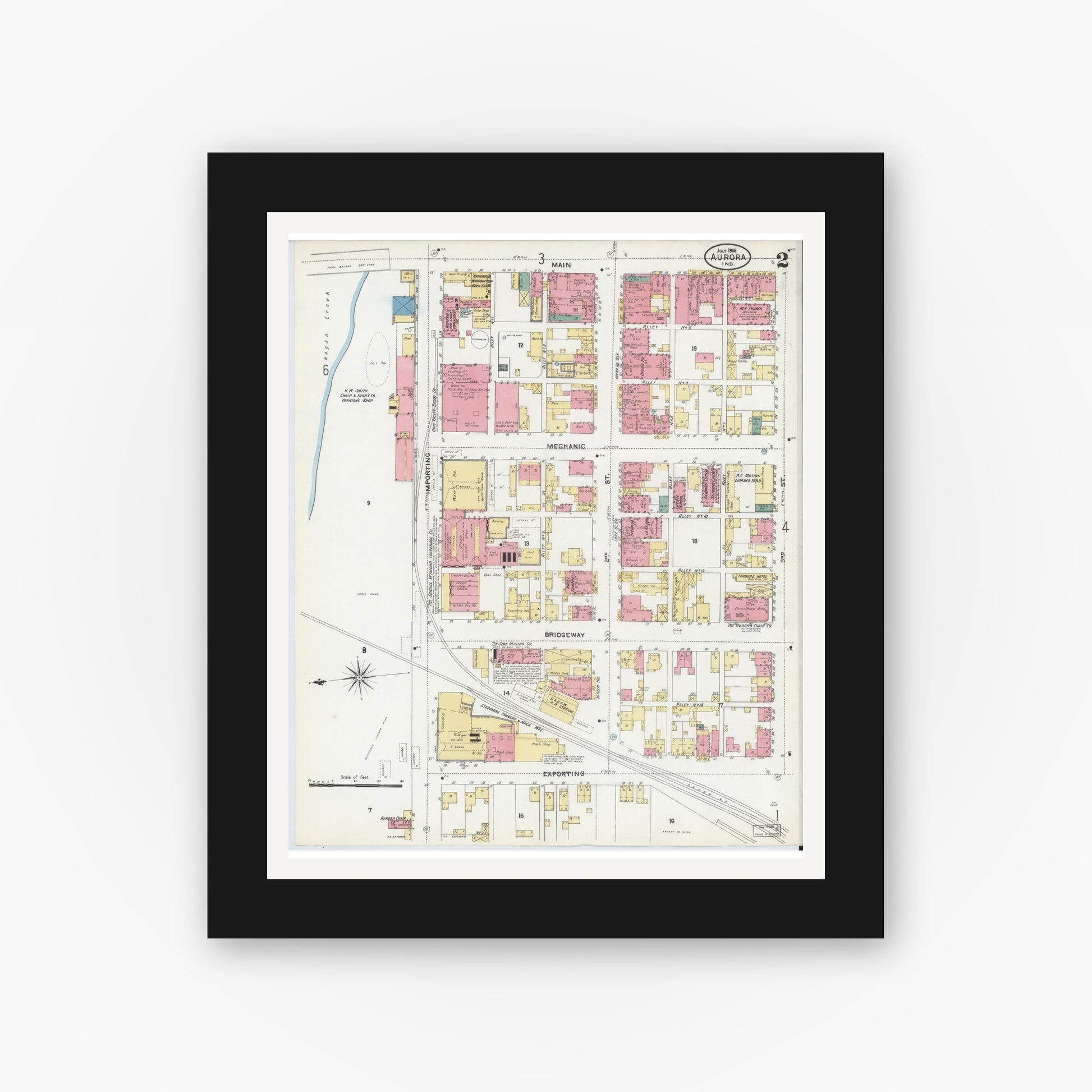 Old map wall art mockup — black gallery frame with white mat — Sanborn Fire Insurance Map from Aurora, Dearborn County, Indiana (1906), Sheet #0002