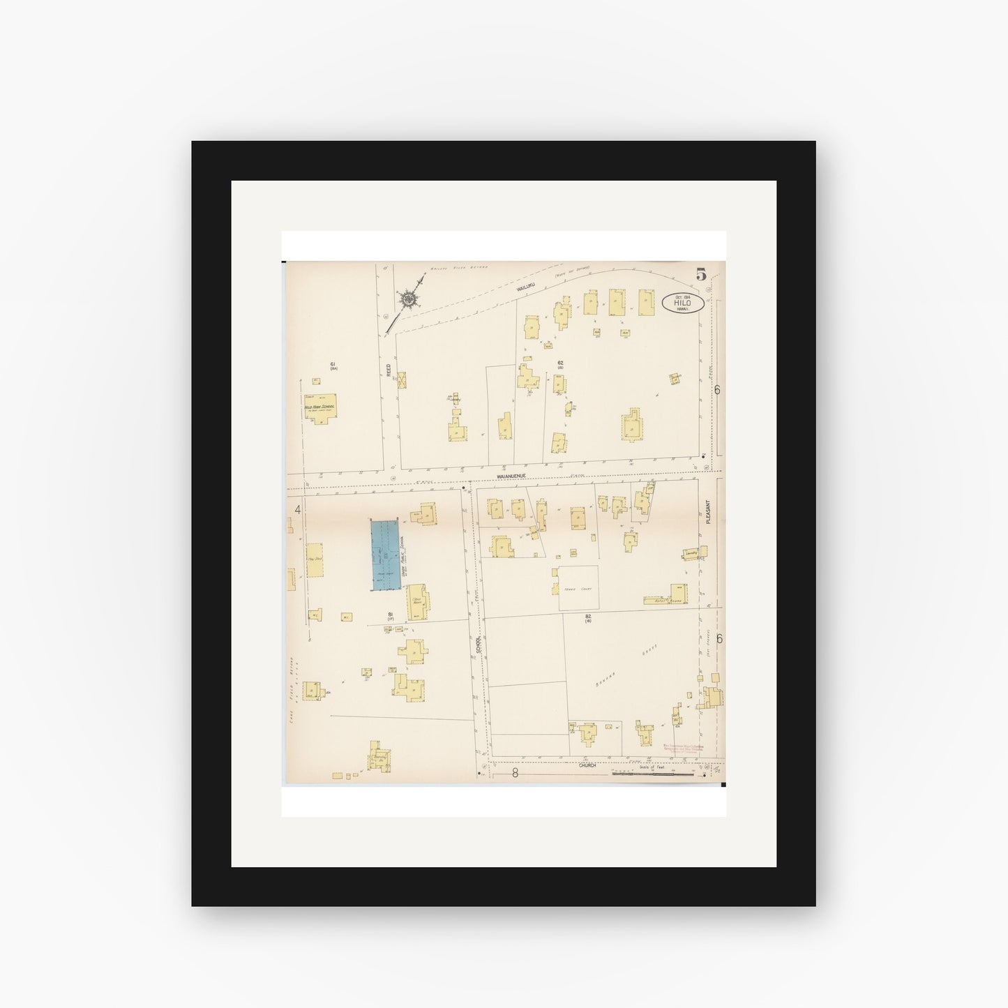 Old map wall art mockup — black gallery frame with white mat — Sanborn Fire Insurance Map from Hilo, Hawaii County, Hawaii (1914), Sheet #0005