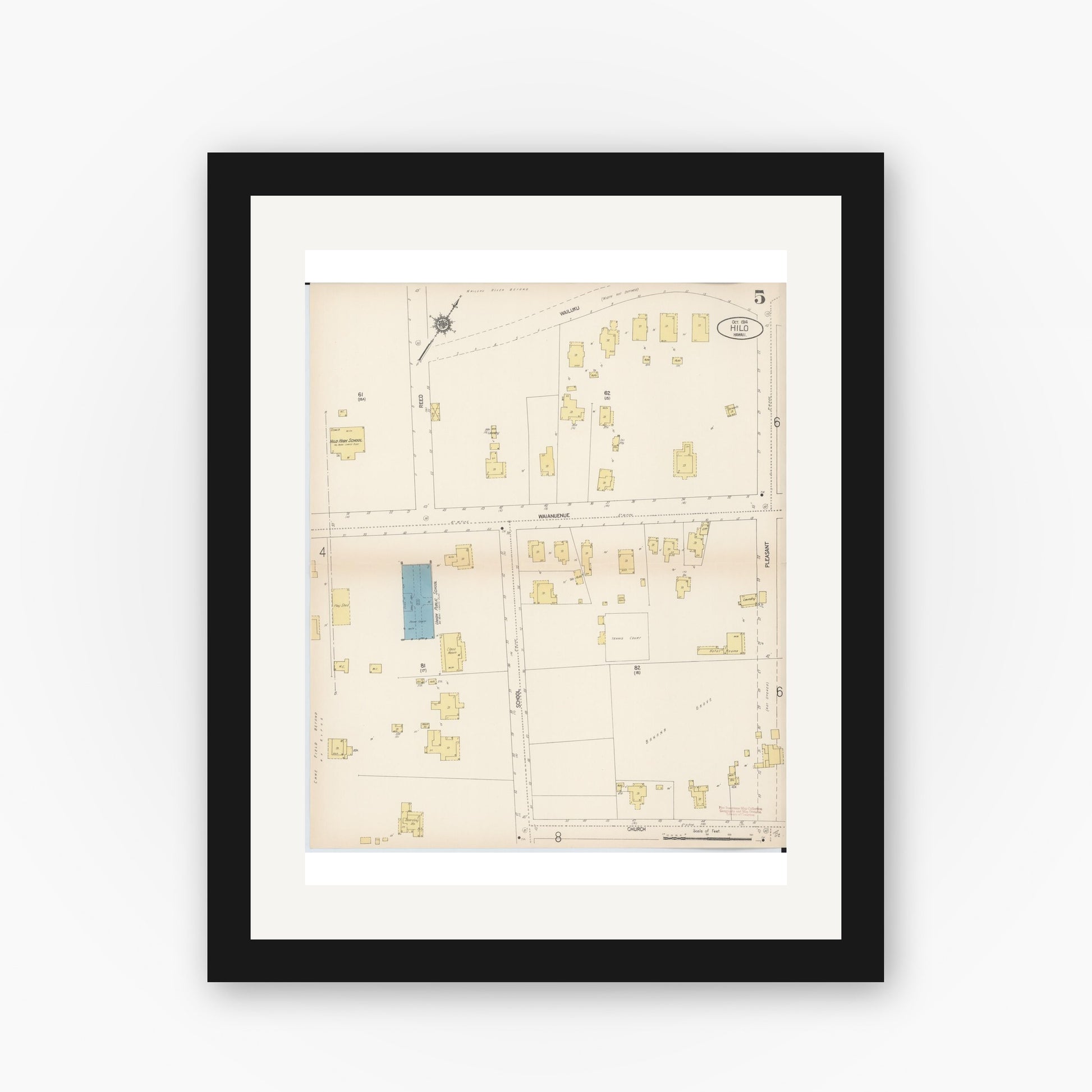 Old map wall art mockup — black gallery frame with white mat — Sanborn Fire Insurance Map from Hilo, Hawaii County, Hawaii (1914), Sheet #0005