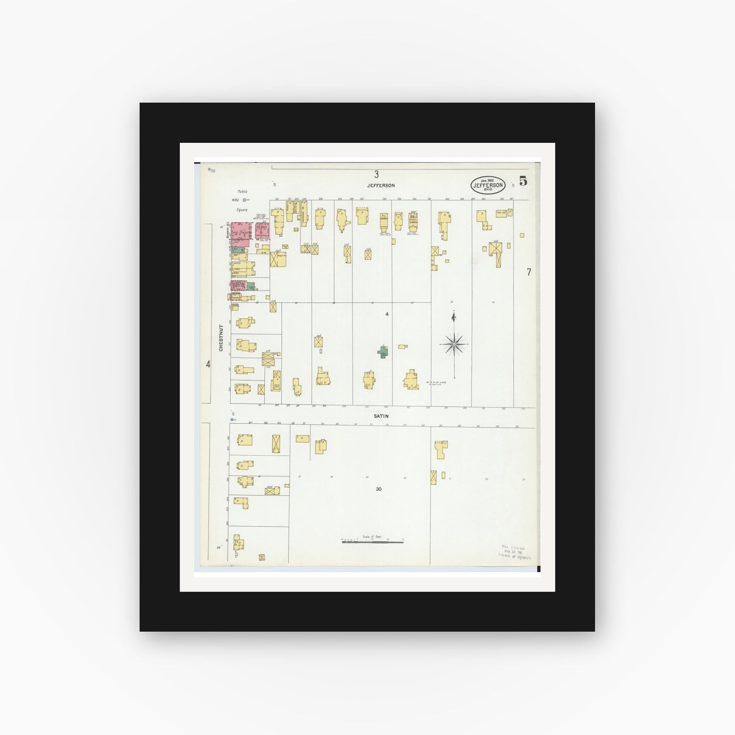 Old map wall art mockup — black gallery frame with white mat — Sanborn Fire Insurance Map from Jefferson, Ashtabula County, Ohio (1902), Sheet #0005