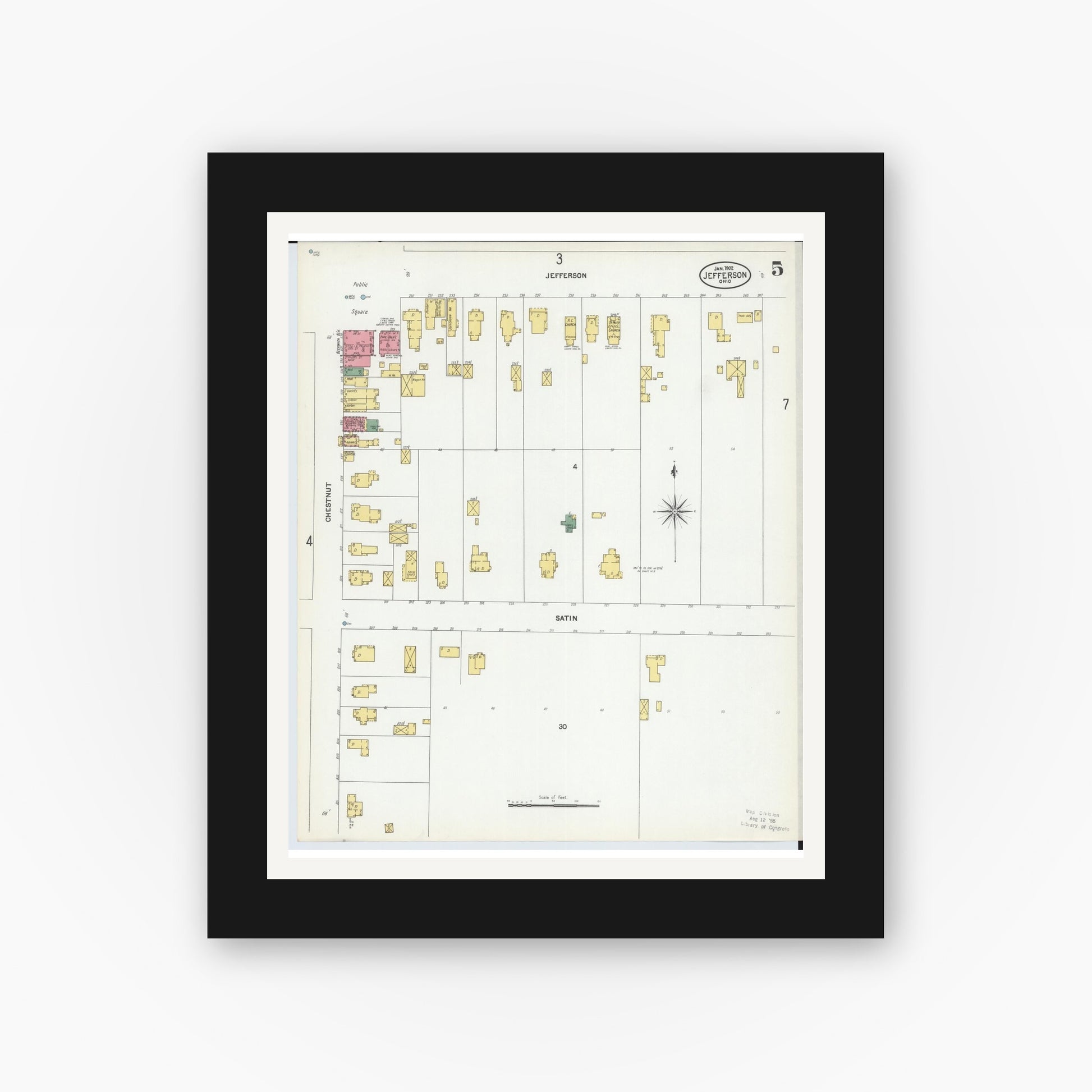 Old map wall art mockup — black gallery frame with white mat — Sanborn Fire Insurance Map from Jefferson, Ashtabula County, Ohio (1902), Sheet #0005