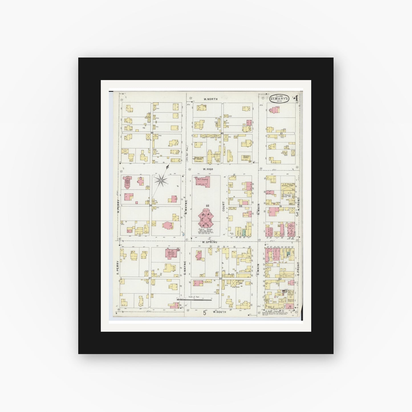 Old map wall art mockup — black gallery frame with white mat — Sanborn Fire Insurance Map from Saint Marys, Auglaize County, Ohio (1896), Sheet #0004