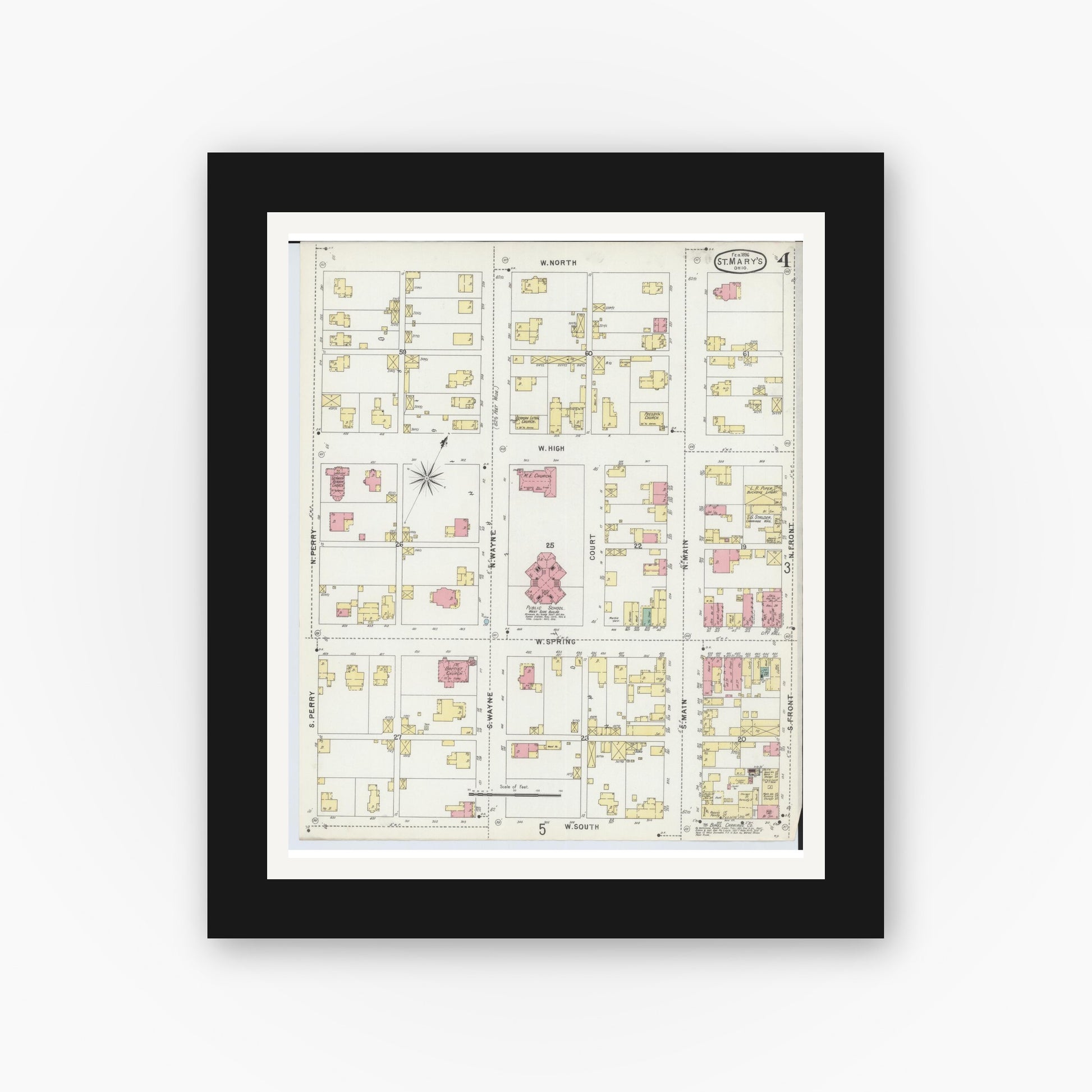 Old map wall art mockup — black gallery frame with white mat — Sanborn Fire Insurance Map from Saint Marys, Auglaize County, Ohio (1896), Sheet #0004