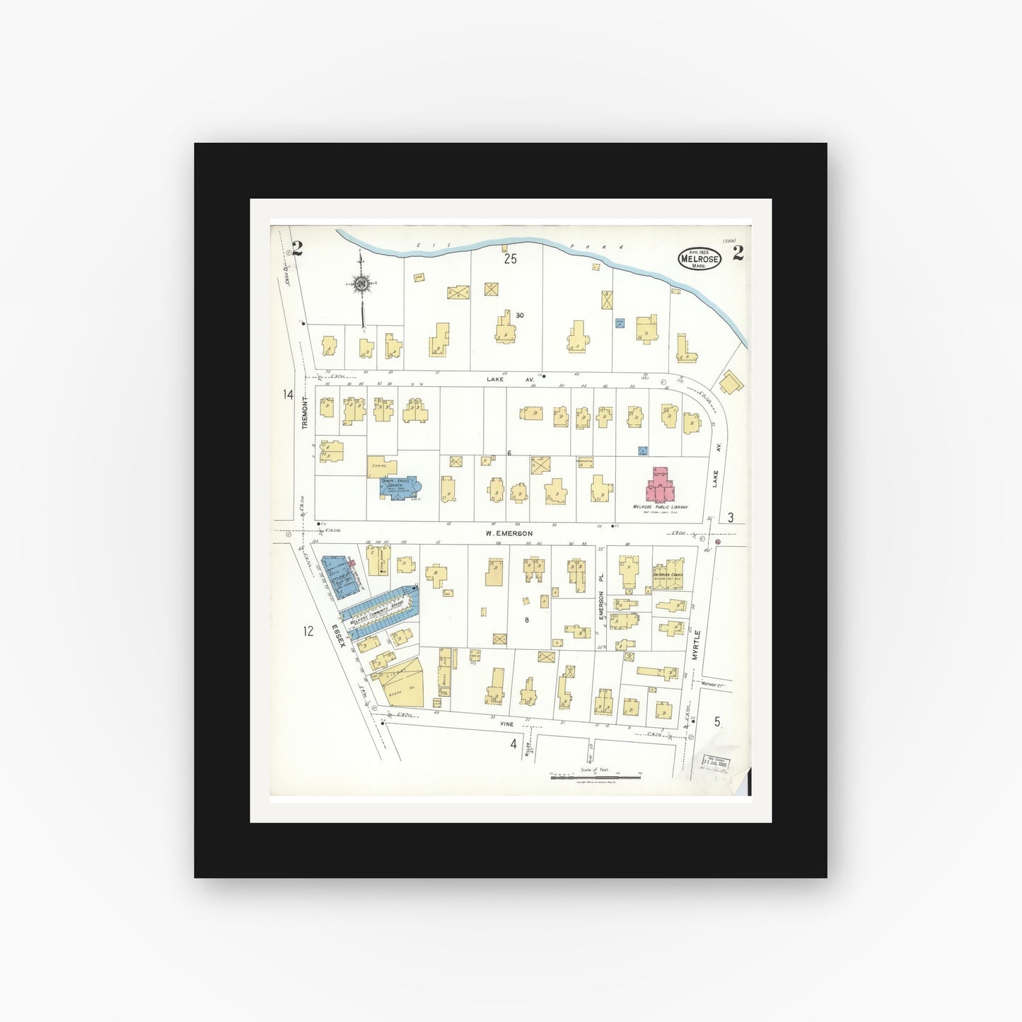 Old map wall art mockup — black gallery frame with white mat — Sanborn Fire Insurance Map from Melrose, Middlesex County, Massachusetts (1923), Sheet #0002