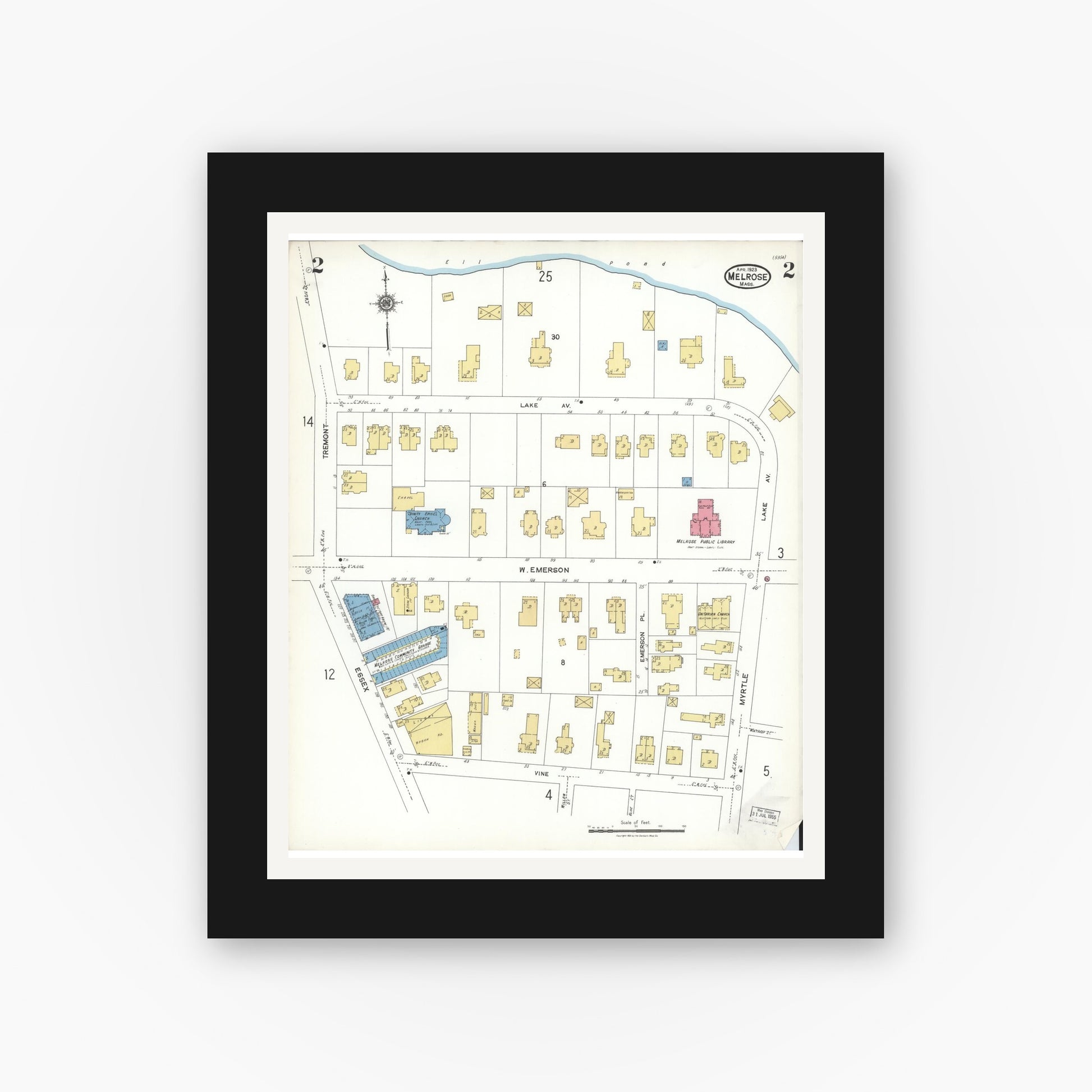 Old map wall art mockup — black gallery frame with white mat — Sanborn Fire Insurance Map from Melrose, Middlesex County, Massachusetts (1923), Sheet #0002