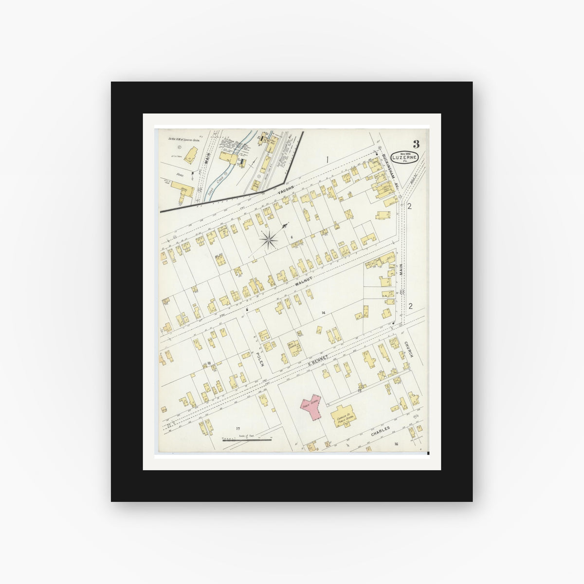 Old map wall art mockup — black gallery frame with white mat — Sanborn Fire Insurance Map from Luzerne, Luzerne County, Pennsylvania (1896), Sheet #0003