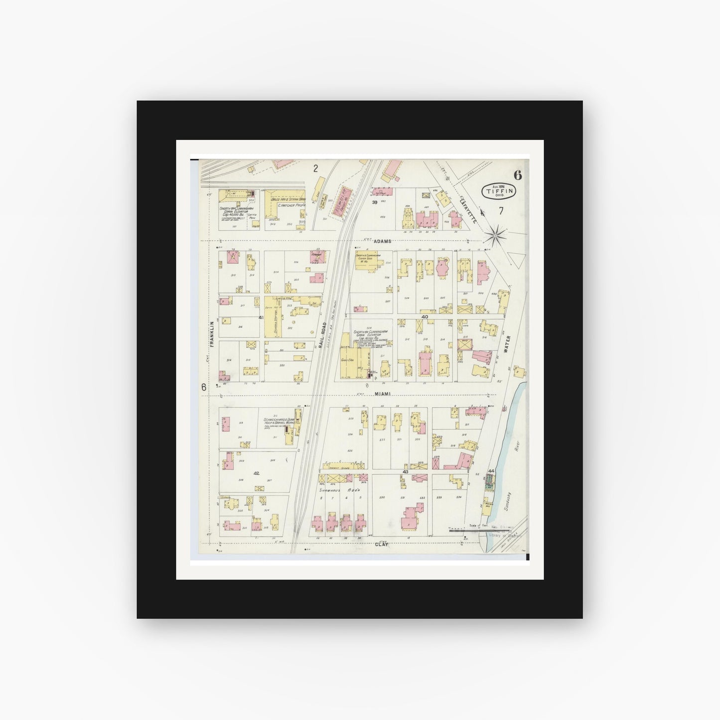 Old map wall art mockup — black gallery frame with white mat — Sanborn Fire Insurance Map from Tiffin, Seneca County, Ohio (1896), Sheet #0006