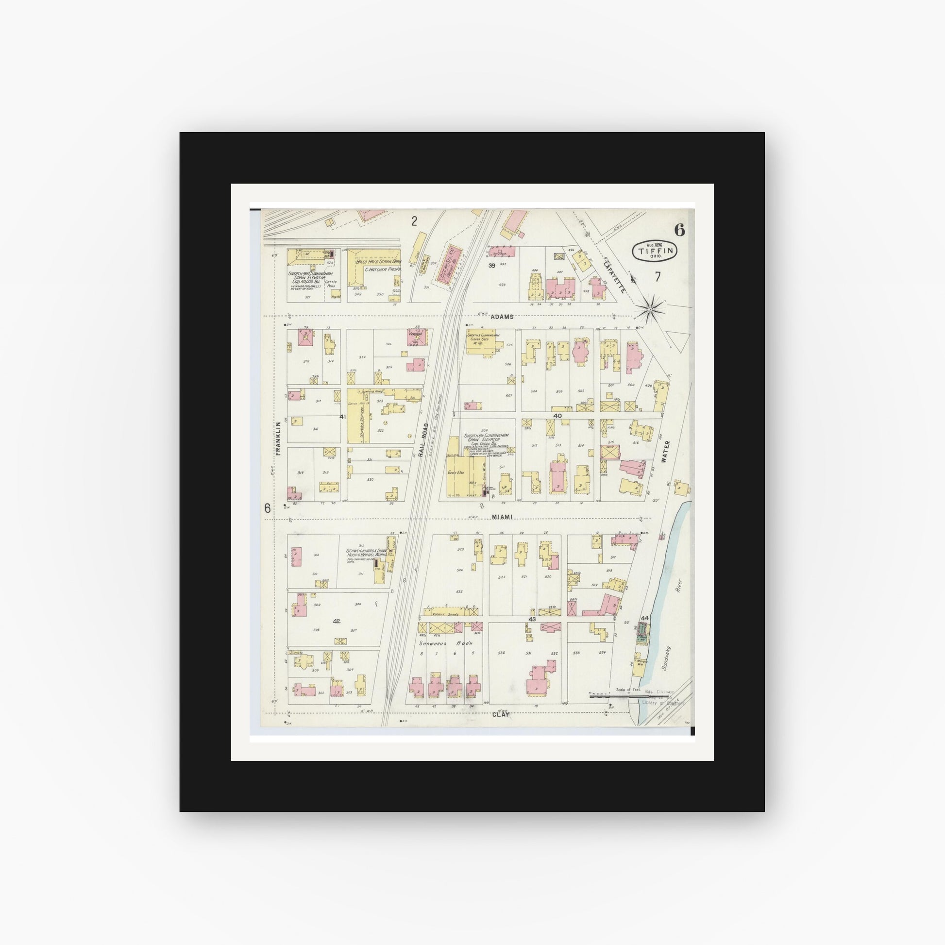 Old map wall art mockup — black gallery frame with white mat — Sanborn Fire Insurance Map from Tiffin, Seneca County, Ohio (1896), Sheet #0006