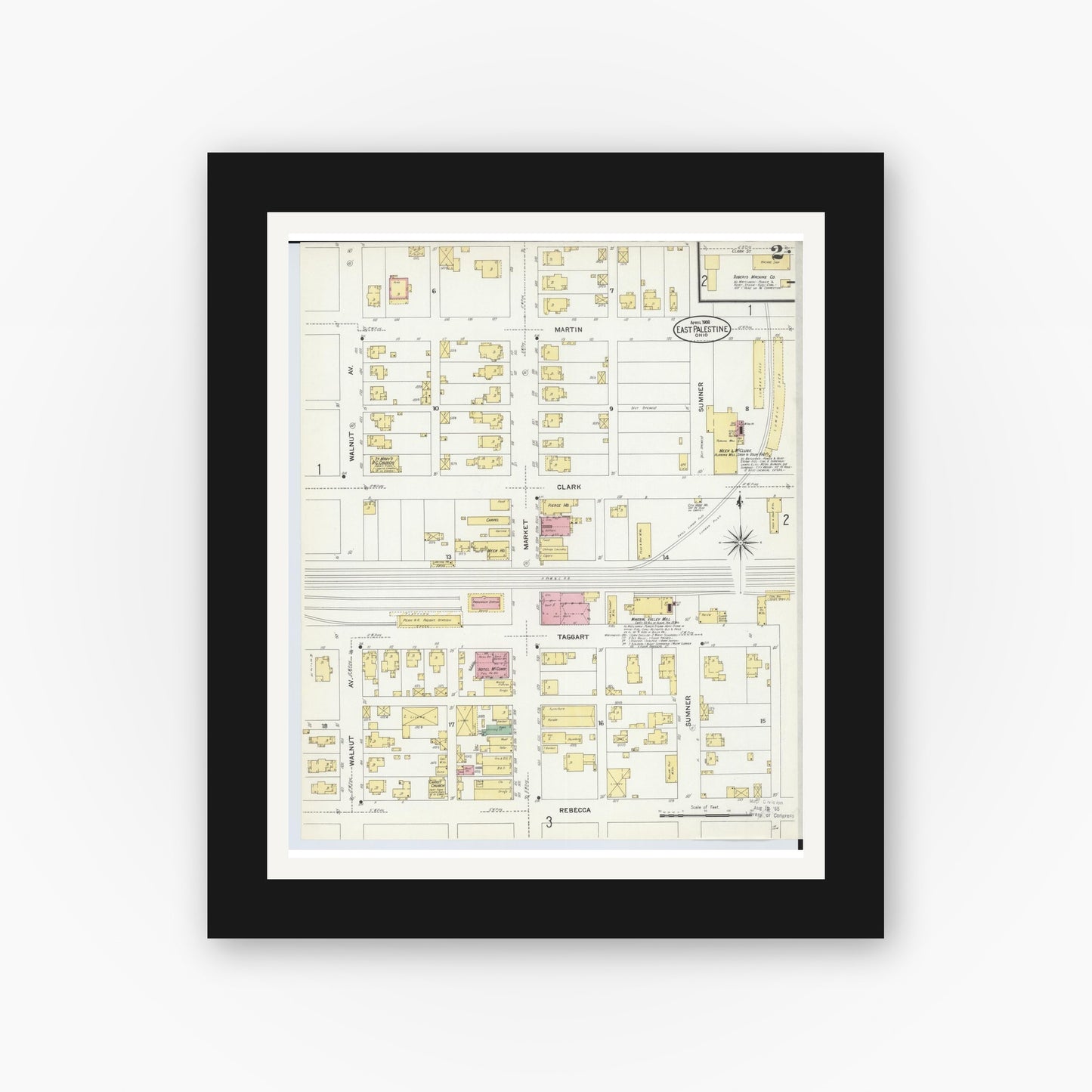 Old map wall art mockup — black gallery frame with white mat — Sanborn Fire Insurance Map from East Palestine, Columbiana County, Ohio (1908), Sheet #0002