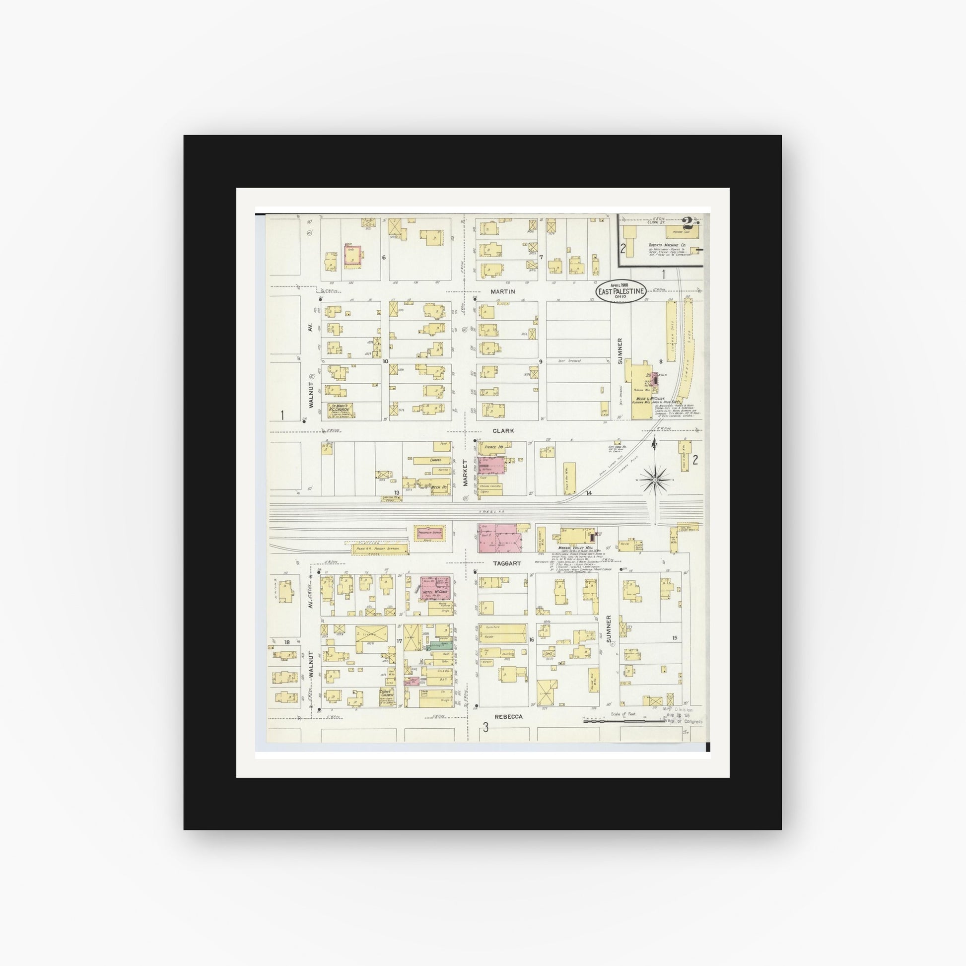 Old map wall art mockup — black gallery frame with white mat — Sanborn Fire Insurance Map from East Palestine, Columbiana County, Ohio (1908), Sheet #0002