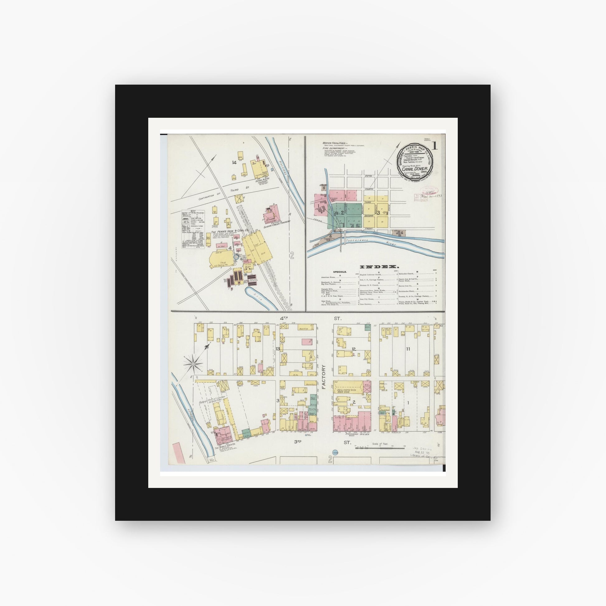 Old map wall art mockup — black gallery frame with white mat — Sanborn Fire Insurance Map from Canal Dover, Tuscarawas County, Ohio (1893) - Complete Map Set