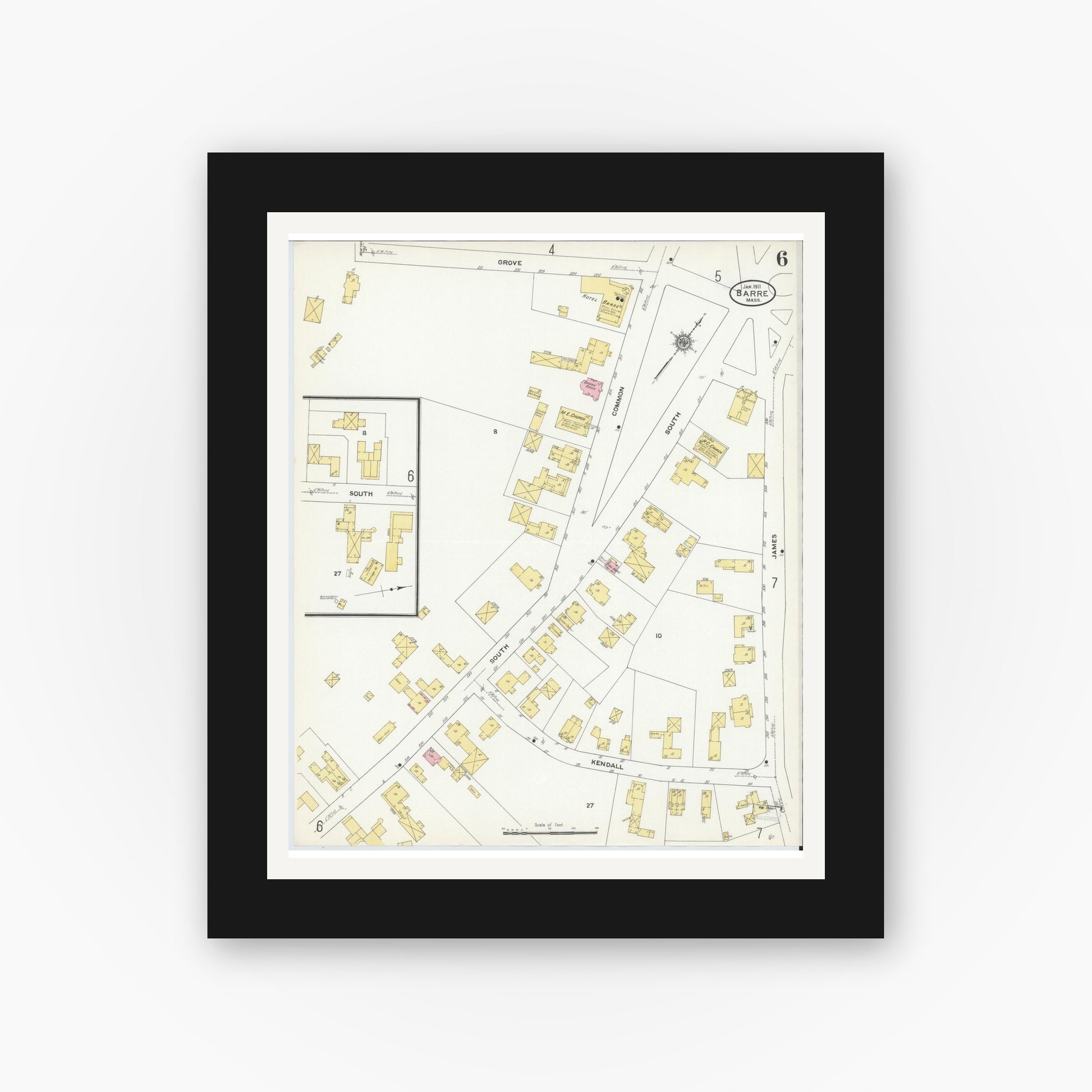 Old map wall art mockup — black gallery frame with white mat — Sanborn Fire Insurance Map from Barre, Worcester County, Massachusetts (1911), Sheet #0006