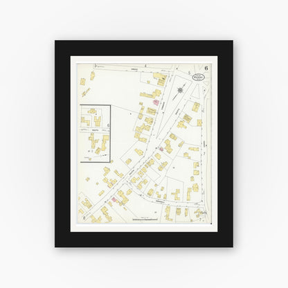 Old map wall art mockup — black gallery frame with white mat — Sanborn Fire Insurance Map from Barre, Worcester County, Massachusetts (1911), Sheet #0006