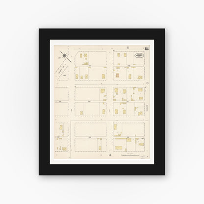 Old map wall art mockup — black gallery frame with white mat — Sanborn Fire Insurance Map from Madera, Madera County, California (1912), Sheet #0012