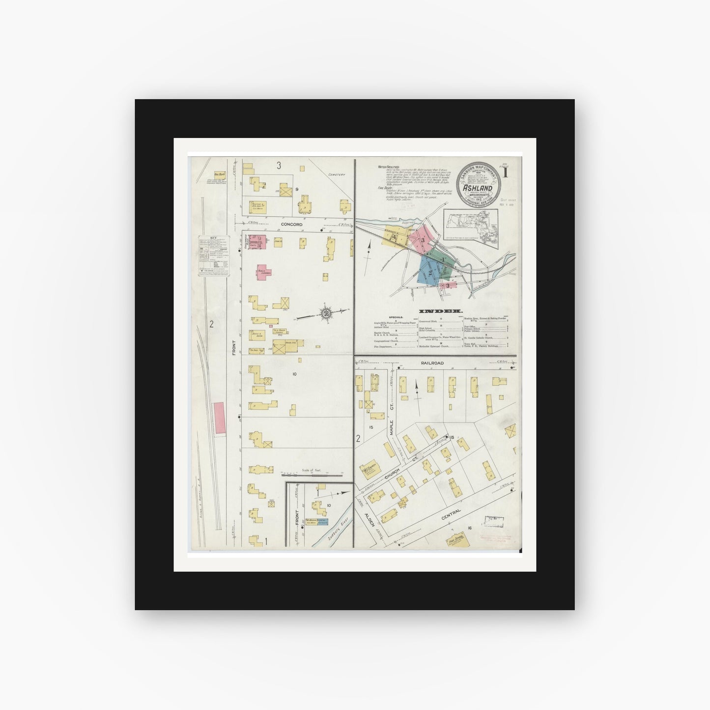 Old map wall art mockup — black gallery frame with white mat — Sanborn Fire Insurance Map from Ashland, Middlesex County, Massachusetts (1912), Sheet #0001