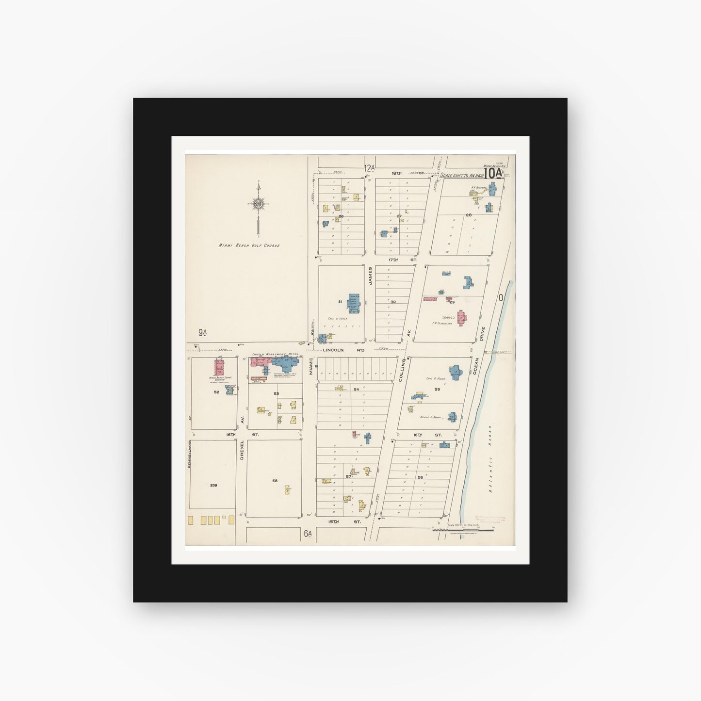 Old map wall art mockup — black gallery frame with white mat — Sanborn Fire Insurance Map from Miami Beach, Dade County, Florida (1921), Sheet #0010