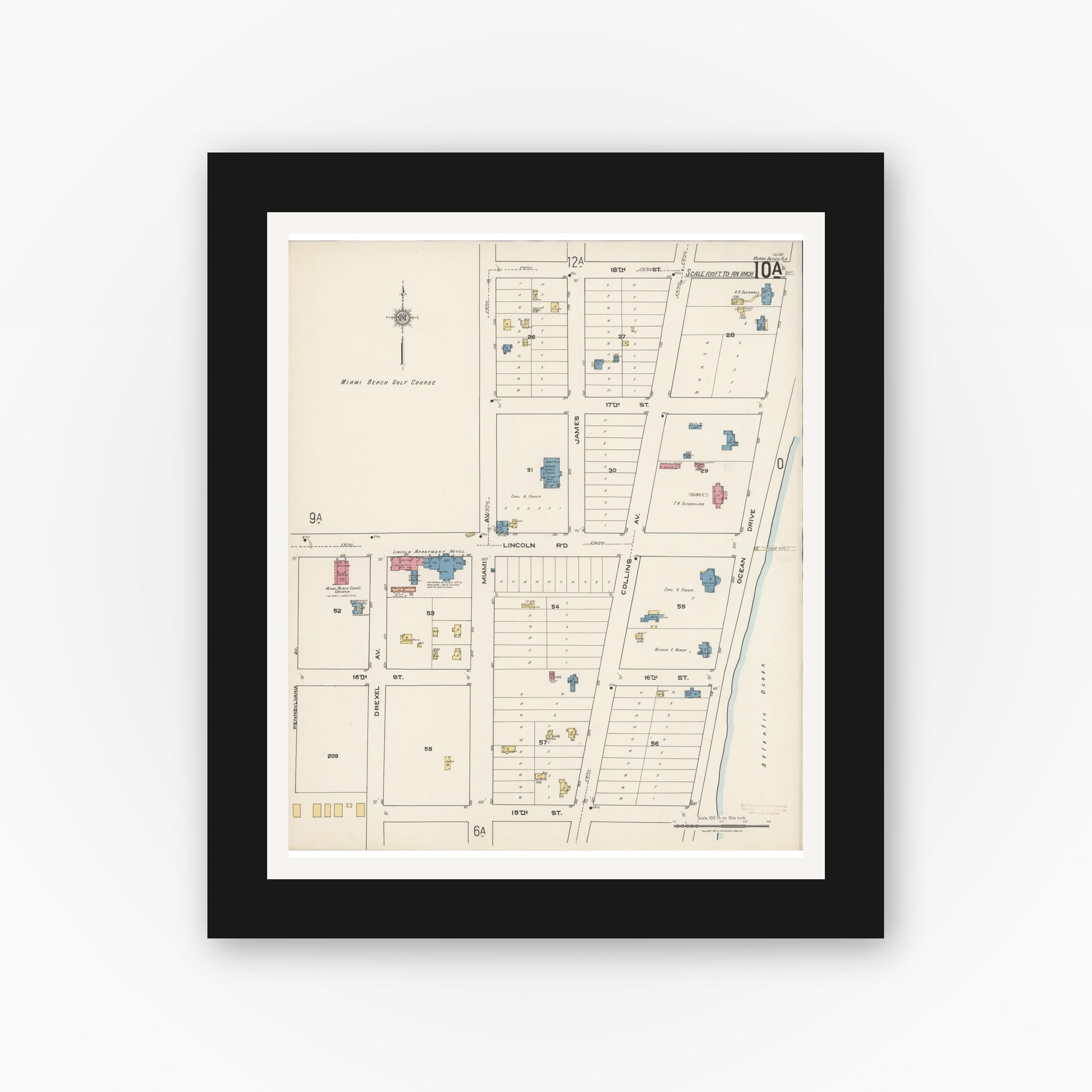 Old map wall art mockup — black gallery frame with white mat — Sanborn Fire Insurance Map from Miami Beach, Dade County, Florida (1921), Sheet #0010