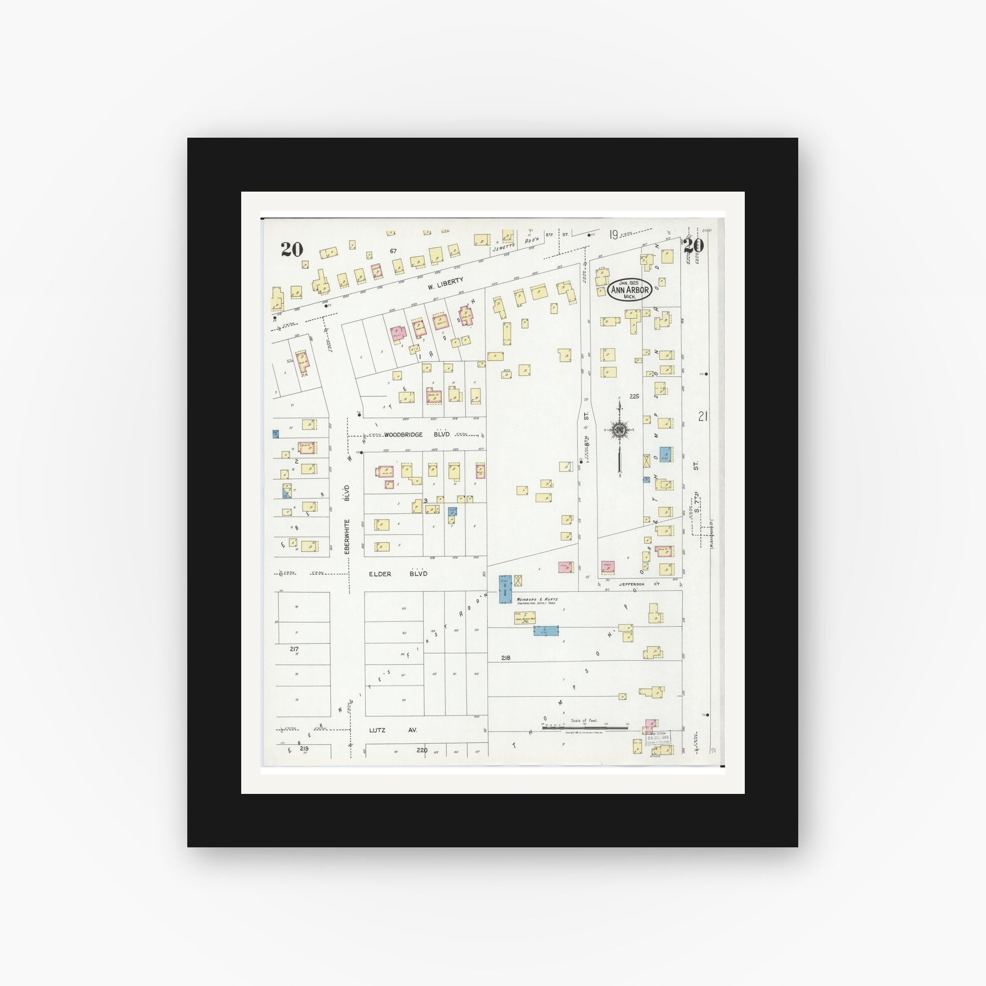 Old map wall art mockup — black gallery frame with white mat — Sanborn Fire Insurance Map from Ann Arbor, Washtenaw County, Michigan (1925), Sheet #0020