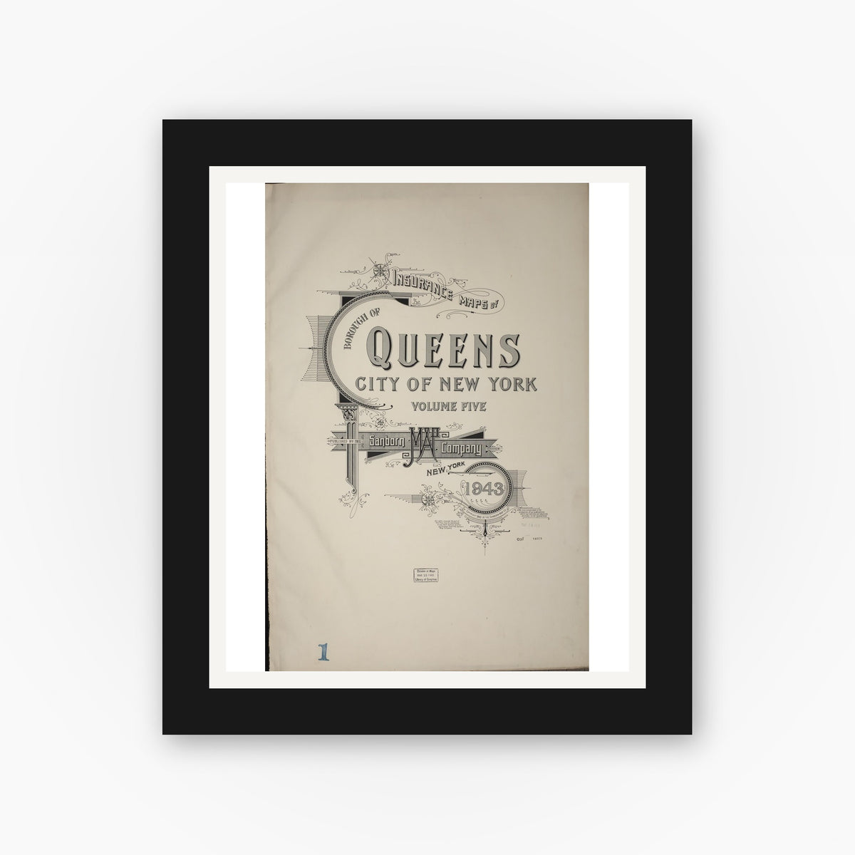 Old map wall art mockup — black gallery frame with white mat — Sanborn Fire Insurance Map from Queens, Queens County, New York (1943), Sheet #0001