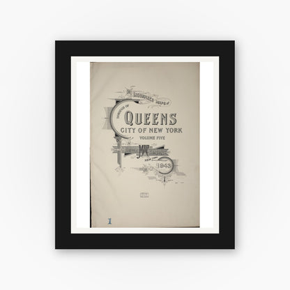 Old map wall art mockup — black gallery frame with white mat — Sanborn Fire Insurance Map from Queens, Queens County, New York (1943), Sheet #0001