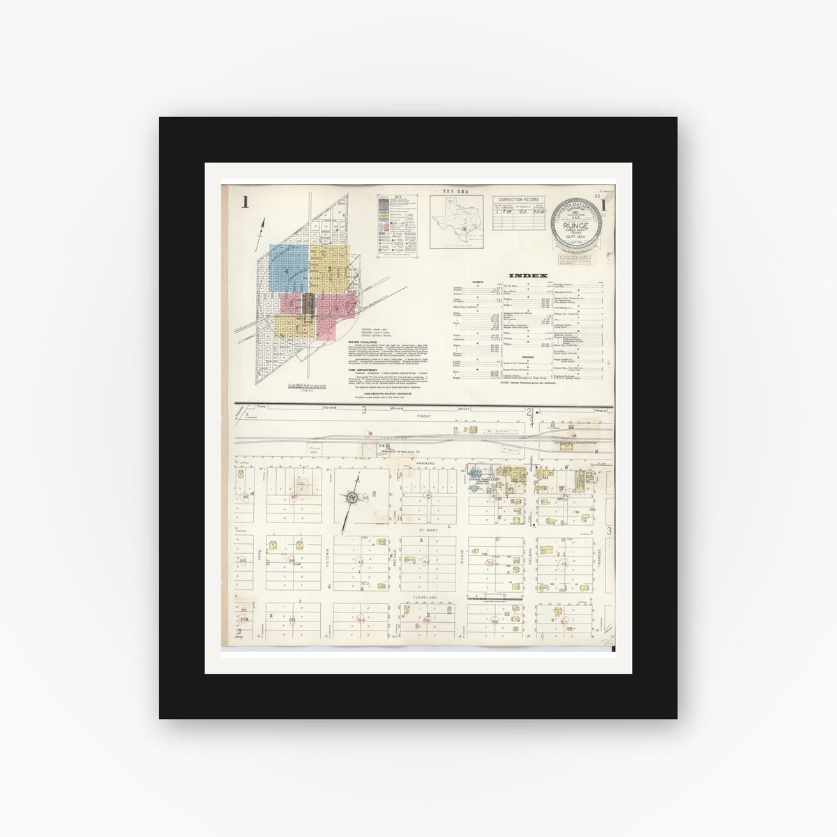 Old map wall art mockup — black gallery frame with white mat — Sanborn Fire Insurance Map from Runge, Karnes County, Texas (1944) - Complete Map Set