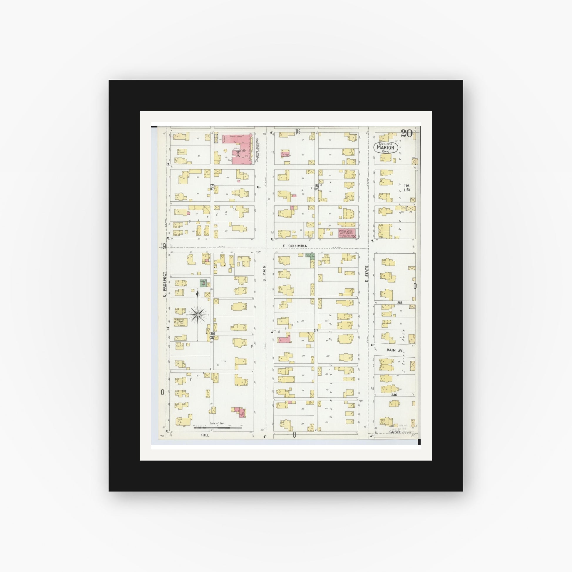 Old map wall art mockup — black gallery frame with white mat — Sanborn Fire Insurance Map from Marion, Marion County, Ohio (1900), Sheet #0020