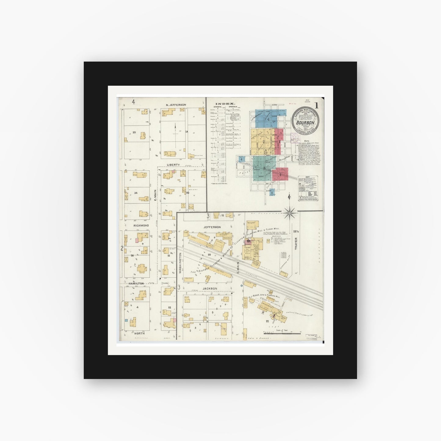 Old map wall art mockup — black gallery frame with white mat — Sanborn Fire Insurance Map from Bourbon, Marshall County, Indiana (1905) - Complete Map Set