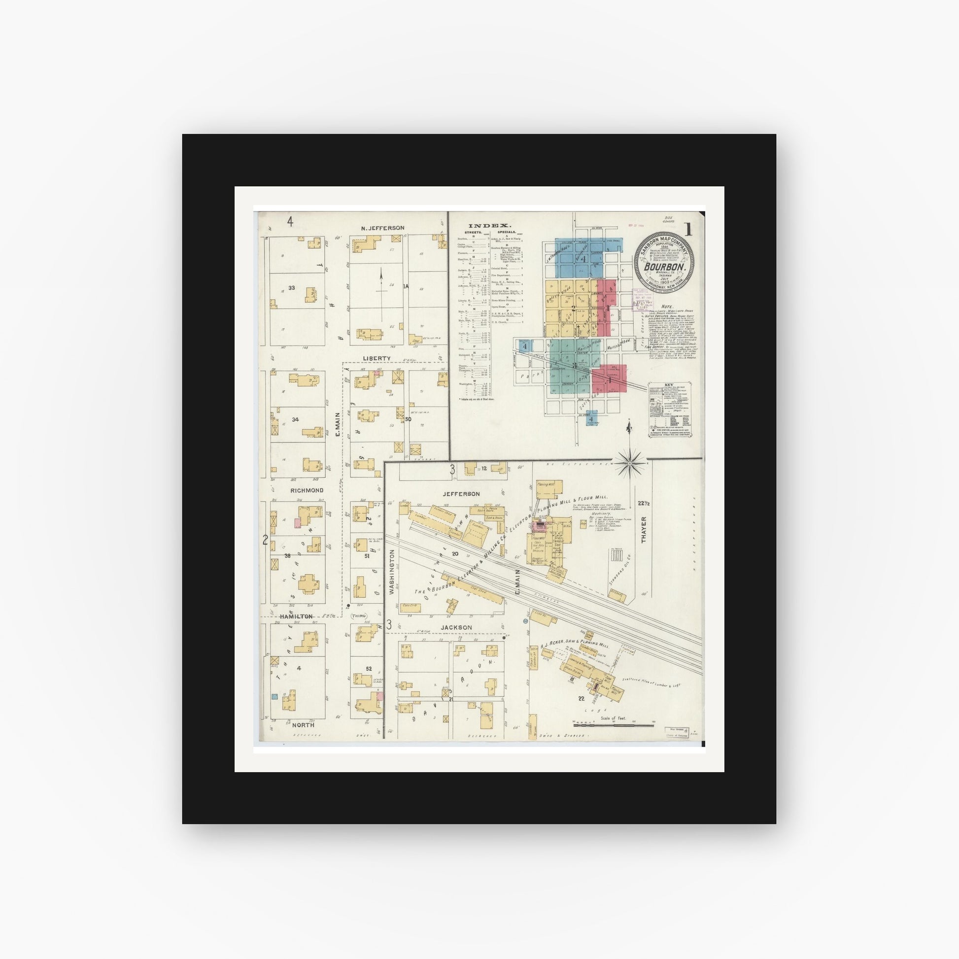 Old map wall art mockup — black gallery frame with white mat — Sanborn Fire Insurance Map from Bourbon, Marshall County, Indiana (1905) - Complete Map Set