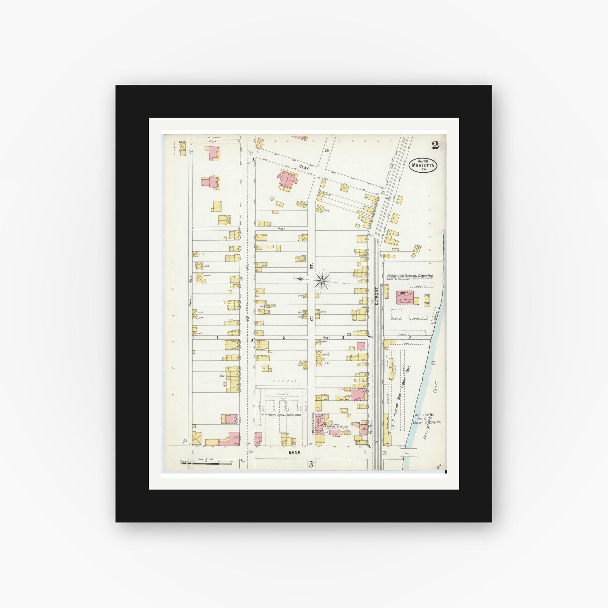 Old map wall art mockup — black gallery frame with white mat — Sanborn Fire Insurance Map from Marietta, Lancaster County, Pennsylvania (1899), Sheet #0002
