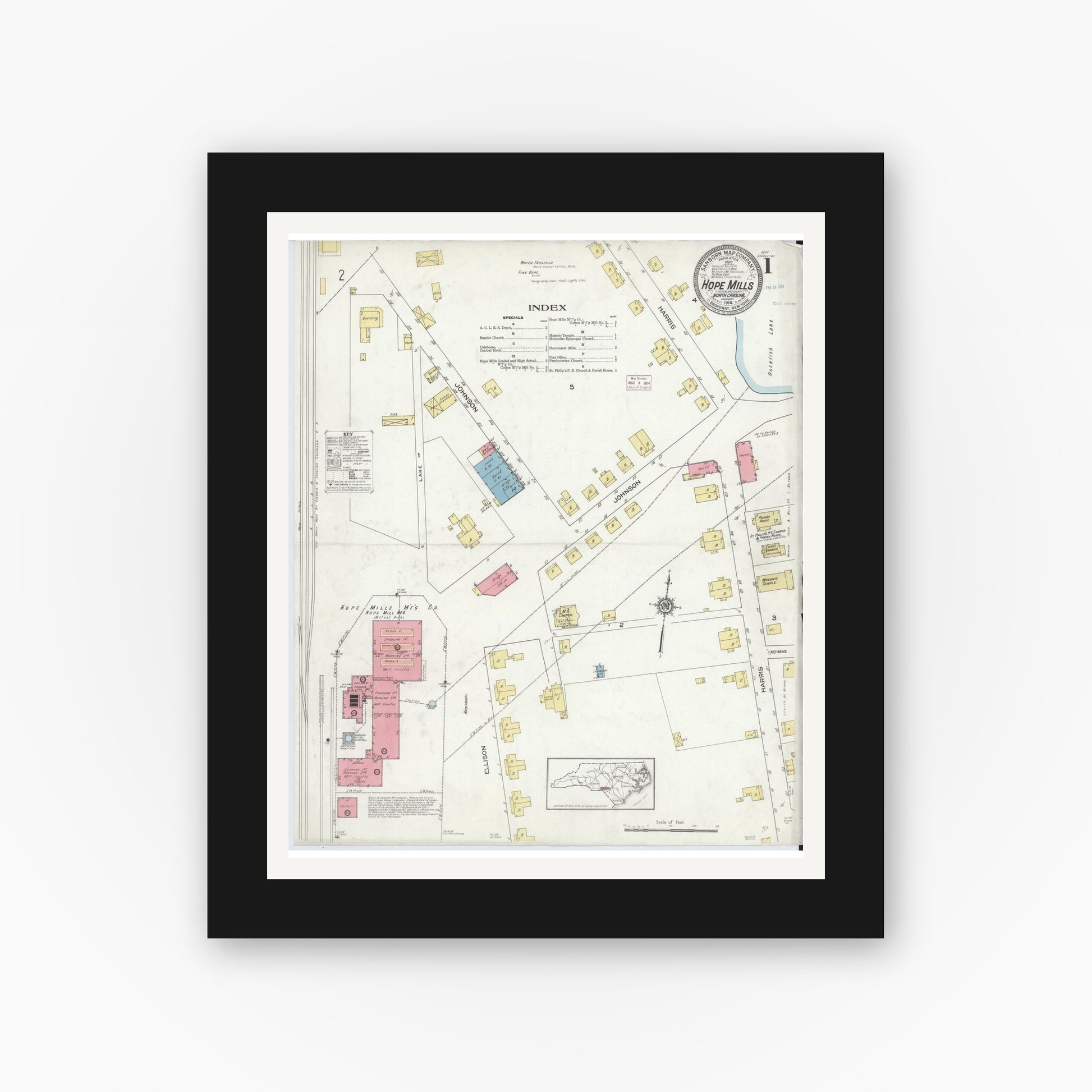 Old map wall art mockup — black gallery frame with white mat — Sanborn Fire Insurance Map from Hope Mills, Cumberland County, North Carolina (1914) - Complete Map Set