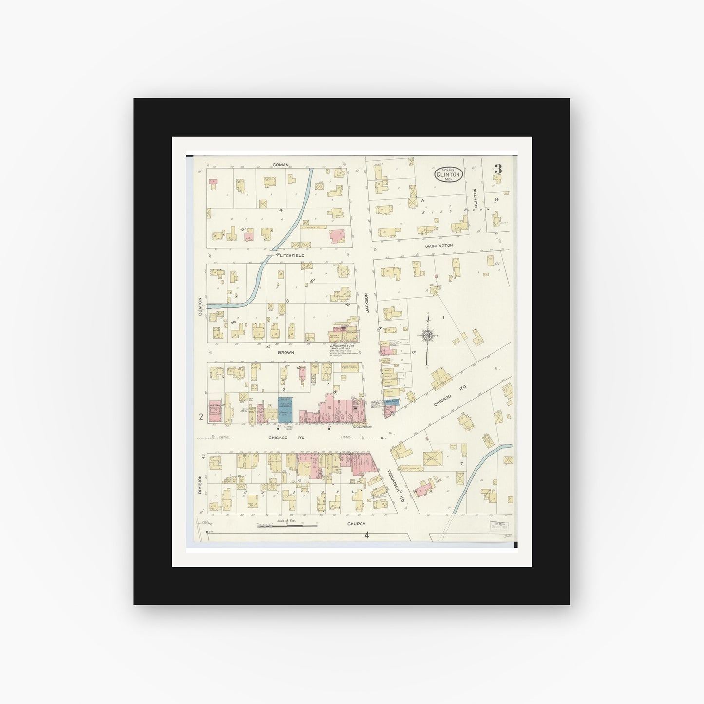 Old map wall art mockup — black gallery frame with white mat — Sanborn Fire Insurance Map from Clinton, Lenawee County, Michigan (1912), Sheet #0003