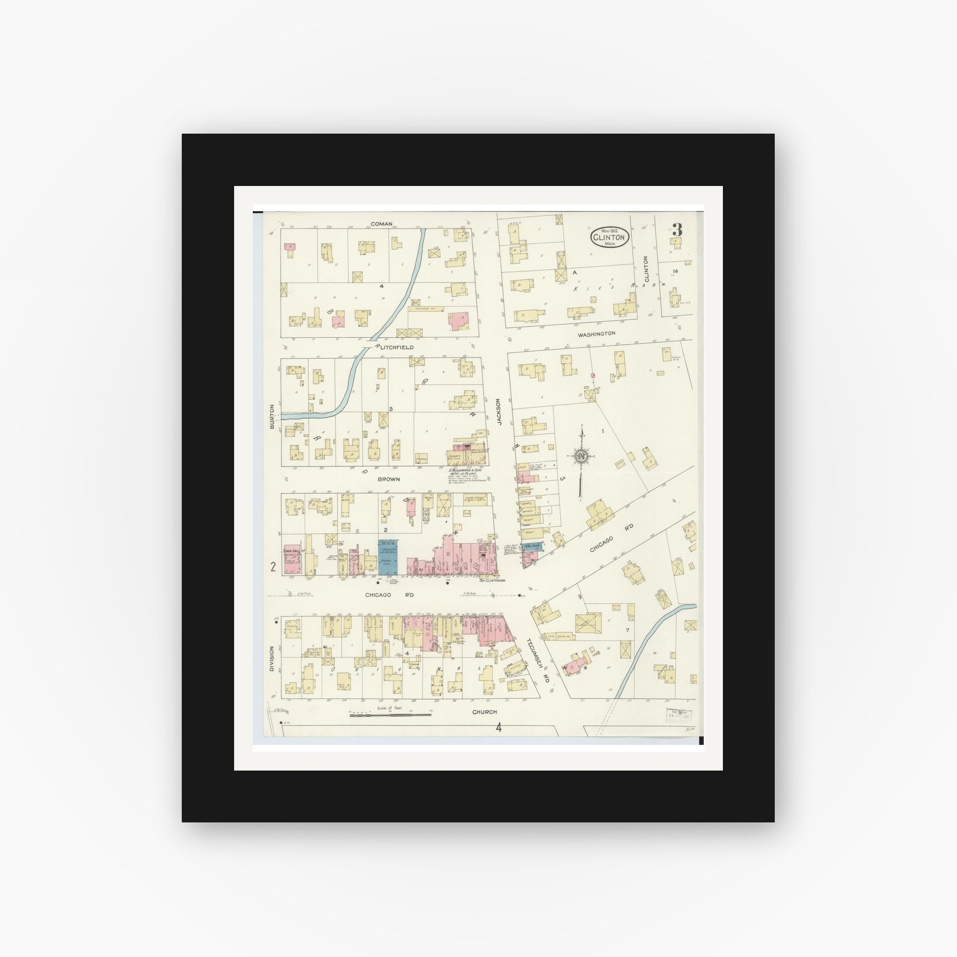 Old map wall art mockup — black gallery frame with white mat — Sanborn Fire Insurance Map from Clinton, Lenawee County, Michigan (1912), Sheet #0003