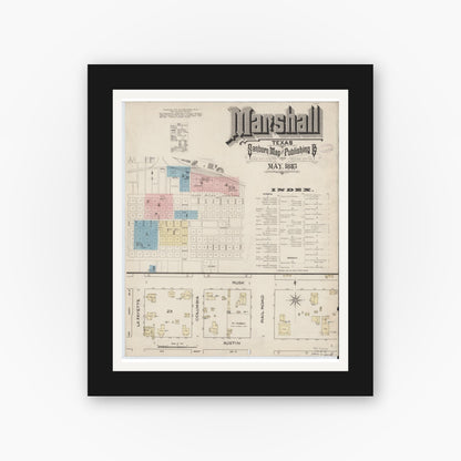 Old map wall art mockup — black gallery frame with white mat — Sanborn Fire Insurance Map from Marshall, Harrison County, Texas (1885), Sheet #0001