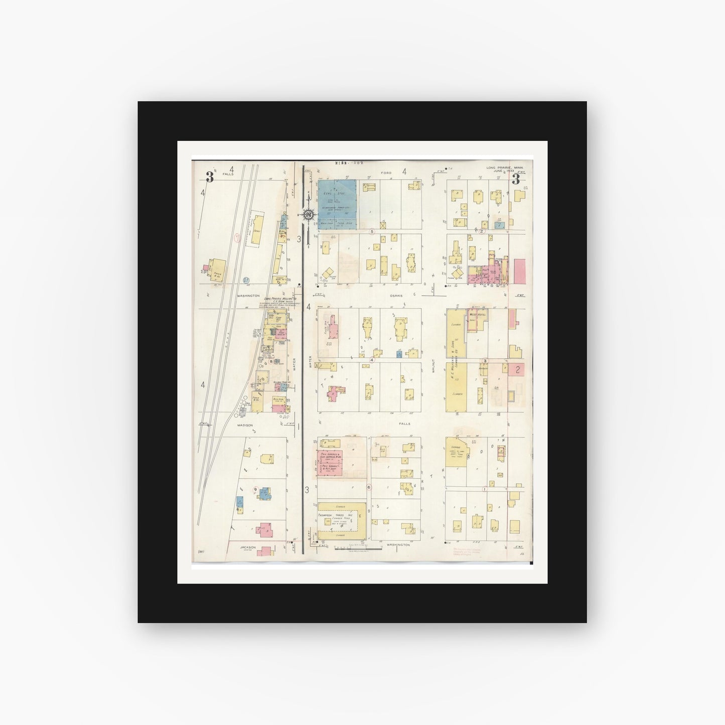 Old map wall art mockup — black gallery frame with white mat — Sanborn Fire Insurance Map from Long Prairie, Todd County, Minnesota (1945), Sheet #0003