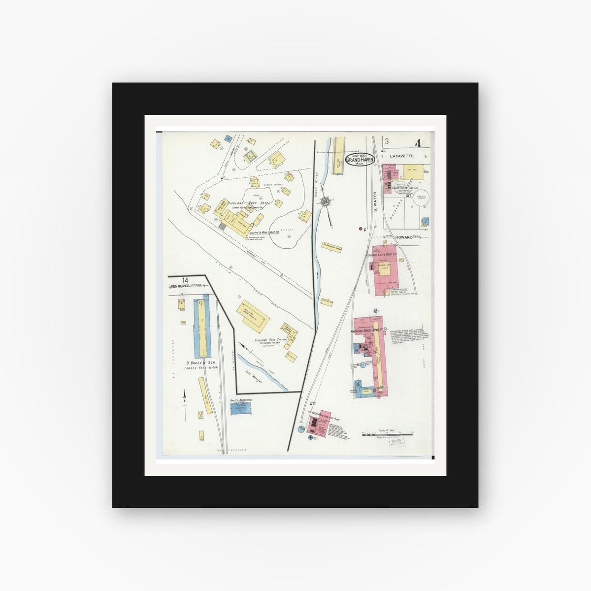 Old map wall art mockup — black gallery frame with white mat — Sanborn Fire Insurance Map from Grand Haven, Ottawa County, Michigan (1920), Sheet #0004