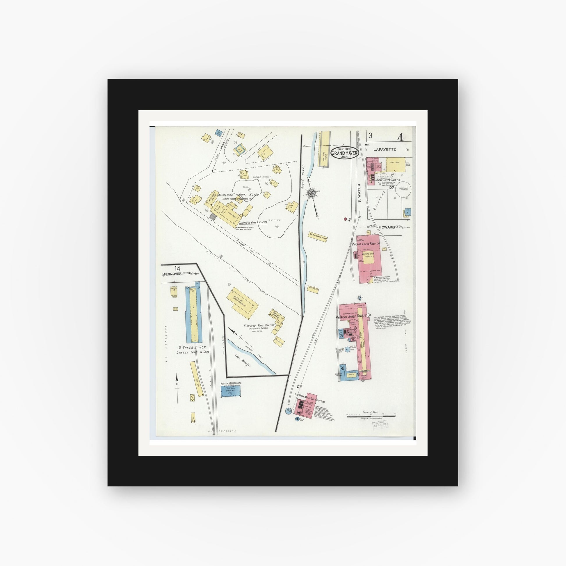 Old map wall art mockup — black gallery frame with white mat — Sanborn Fire Insurance Map from Grand Haven, Ottawa County, Michigan (1920), Sheet #0004