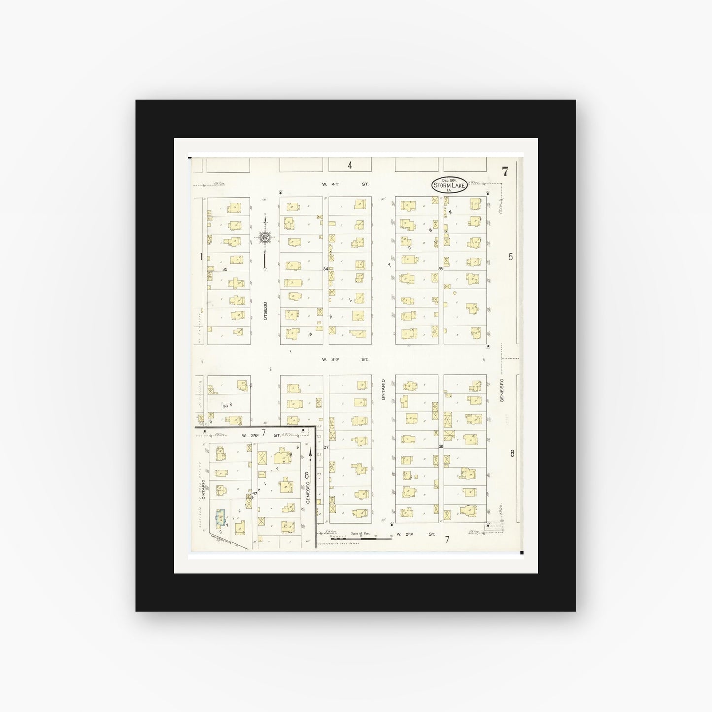 Old map wall art mockup — black gallery frame with white mat — Sanborn Fire Insurance Map from Storm Lake, Buena Vista County, Iowa (1914), Sheet #0007
