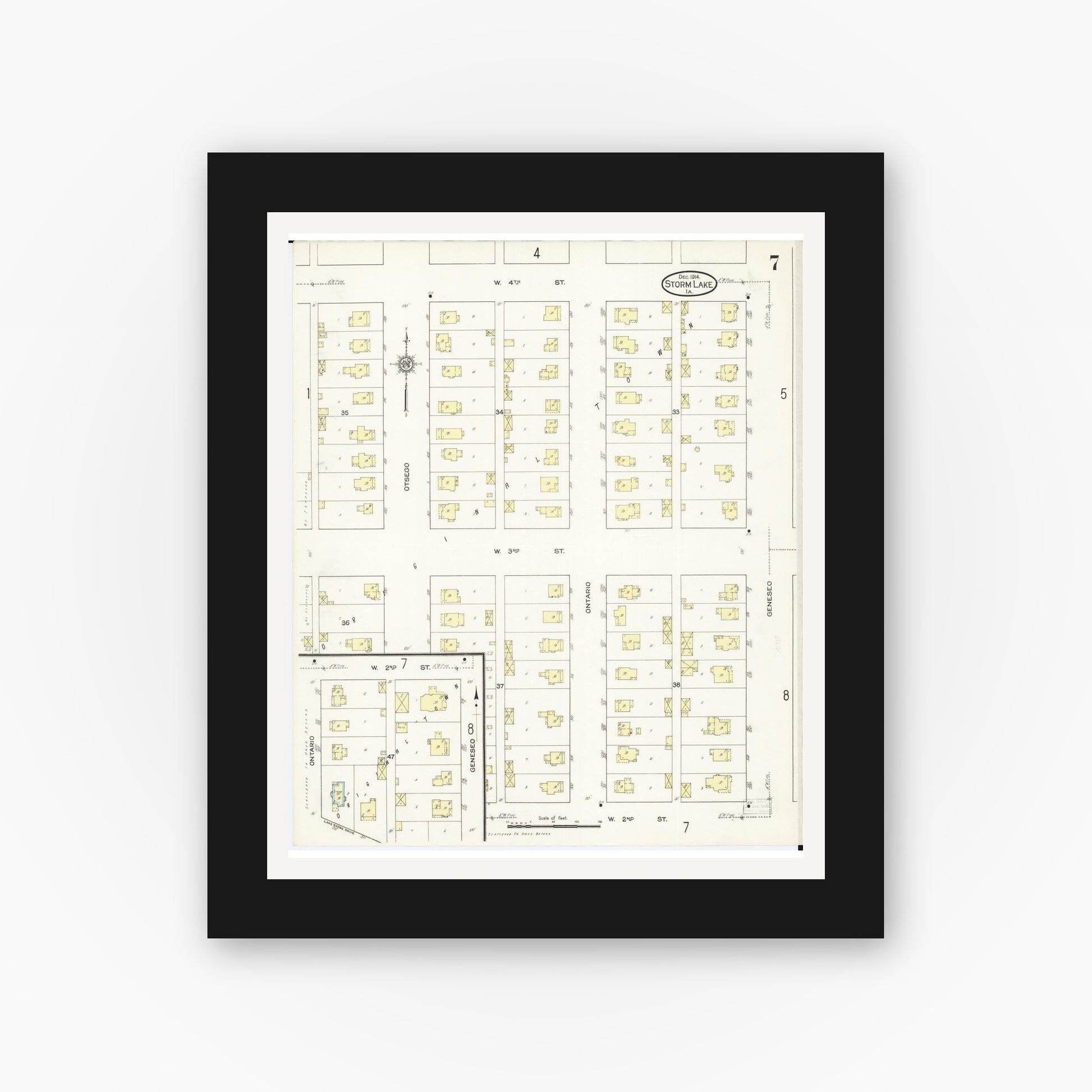Old map wall art mockup — black gallery frame with white mat — Sanborn Fire Insurance Map from Storm Lake, Buena Vista County, Iowa (1914), Sheet #0007