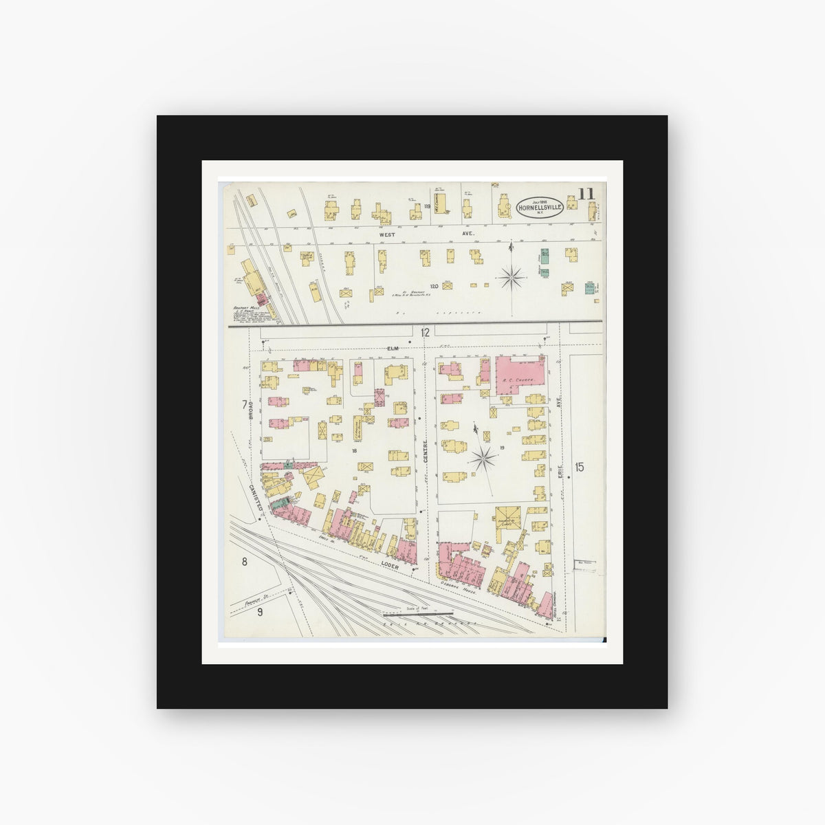 Old map wall art mockup — black gallery frame with white mat — Sanborn Fire Insurance Map from Hornell, Steuben County, New York (1898), Sheet #0011
