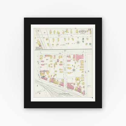 Old map wall art mockup — black gallery frame with white mat — Sanborn Fire Insurance Map from Hornell, Steuben County, New York (1898), Sheet #0011