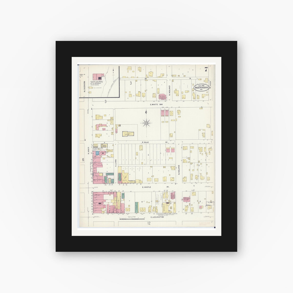 Old map wall art mockup — black gallery frame with white mat — Sanborn Fire Insurance Map from Independence, Jackson County, Missouri (1907), Sheet #0007