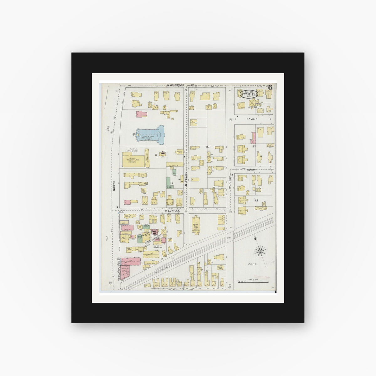 Old map wall art mockup — black gallery frame with white mat — Sanborn Fire Insurance Map from Pittsfield, Berkshire County, Massachusetts (1895), Sheet #0006