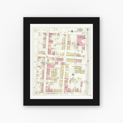 Old map wall art mockup — black gallery frame with white mat — Sanborn Fire Insurance Map from Lebanon, Lebanon County, Pennsylvania (1912), Sheet #0009