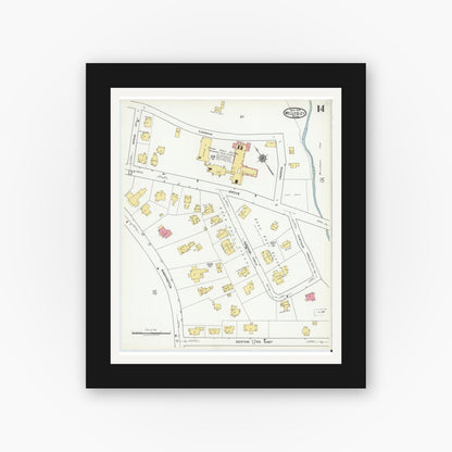 Old map wall art mockup — black gallery frame with white mat — Sanborn Fire Insurance Map from Wellesley, Norfolk County, Massachusetts (1919), Sheet #0014