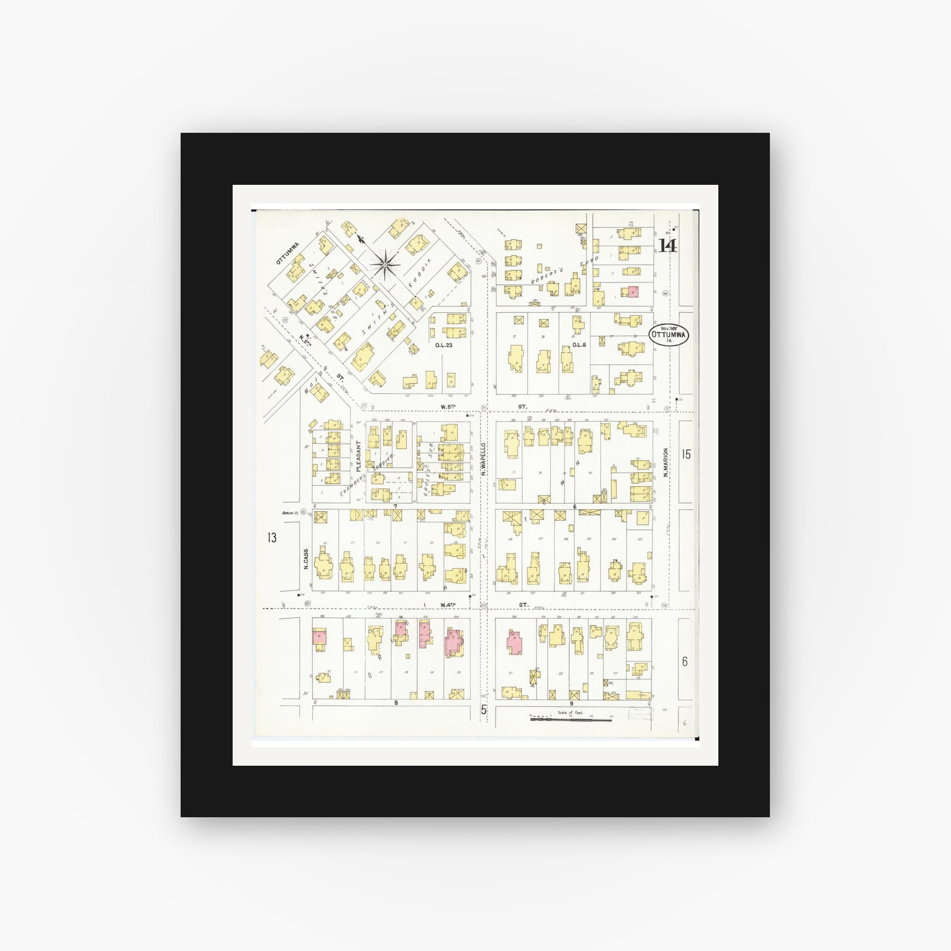 Old map wall art mockup — black gallery frame with white mat — Sanborn Fire Insurance Map from Ottumwa, Wapello County, Iowa (1902), Sheet #0014