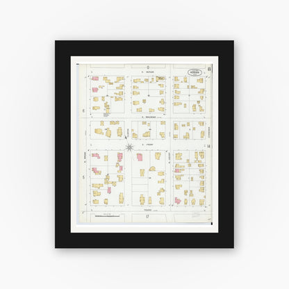 Old map wall art mockup — black gallery frame with white mat — Sanborn Fire Insurance Map from Adrian, Lenawee County, Michigan (1899), Sheet #0008