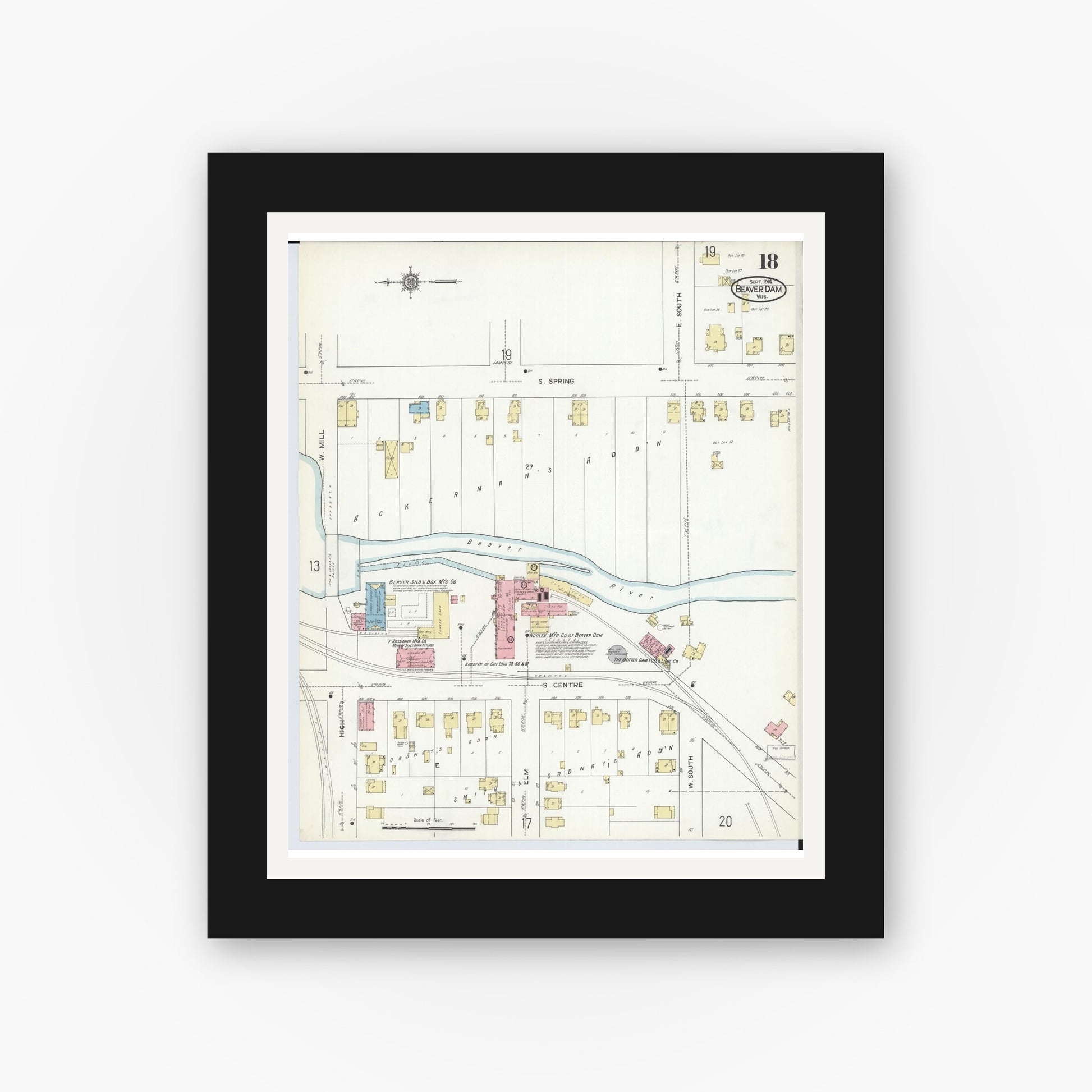 Old map wall art mockup — black gallery frame with white mat — Sanborn Fire Insurance Map from Beaver Dam, Dodge County, Wisconsin (1914), Sheet #0018